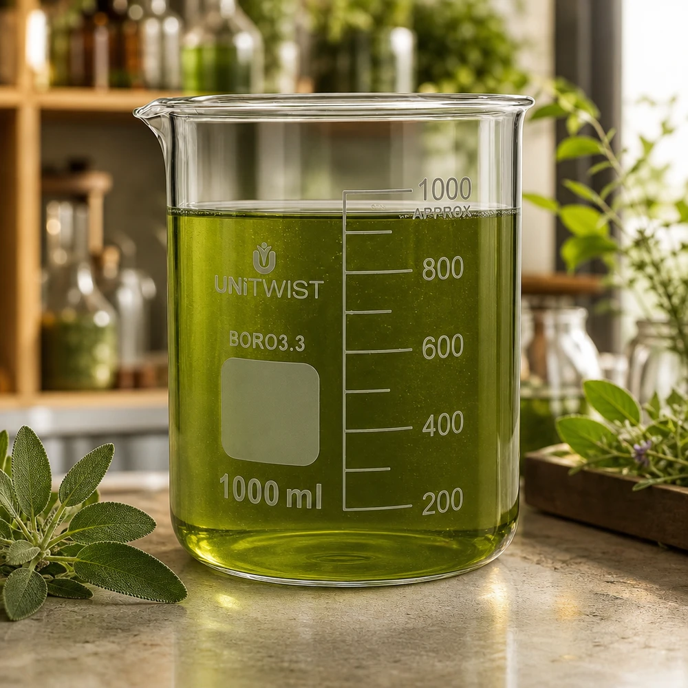 UNiTWIST Becherglas 1000ml Boro3.3 niedrige Form gefüllt mit grünem Naturextrakt im Kräuterlabor