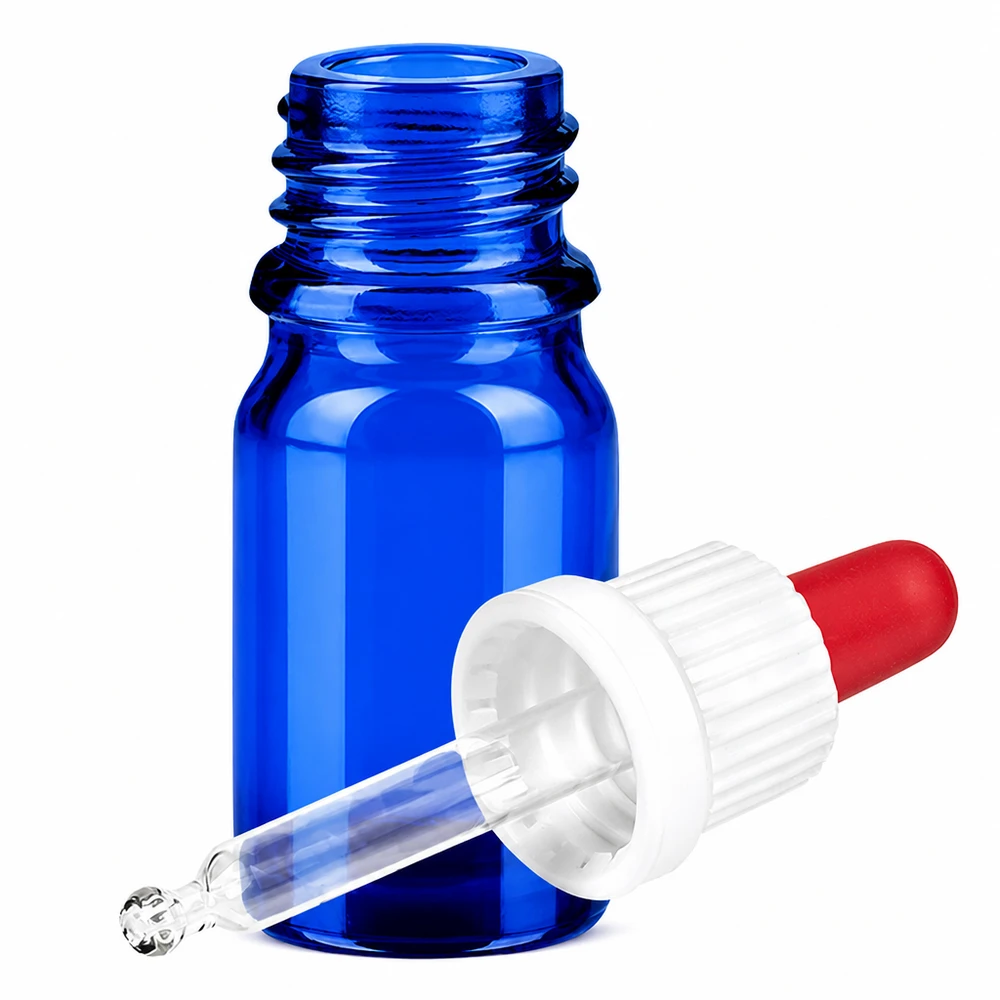 5ml Pipettenflasche weiß/rot Originalitätsverschluss BlueLine UT18/5 Apothekerflasche 5ml aus UV-schützendem blauen Glas mit praktischem Tropfaufsatz