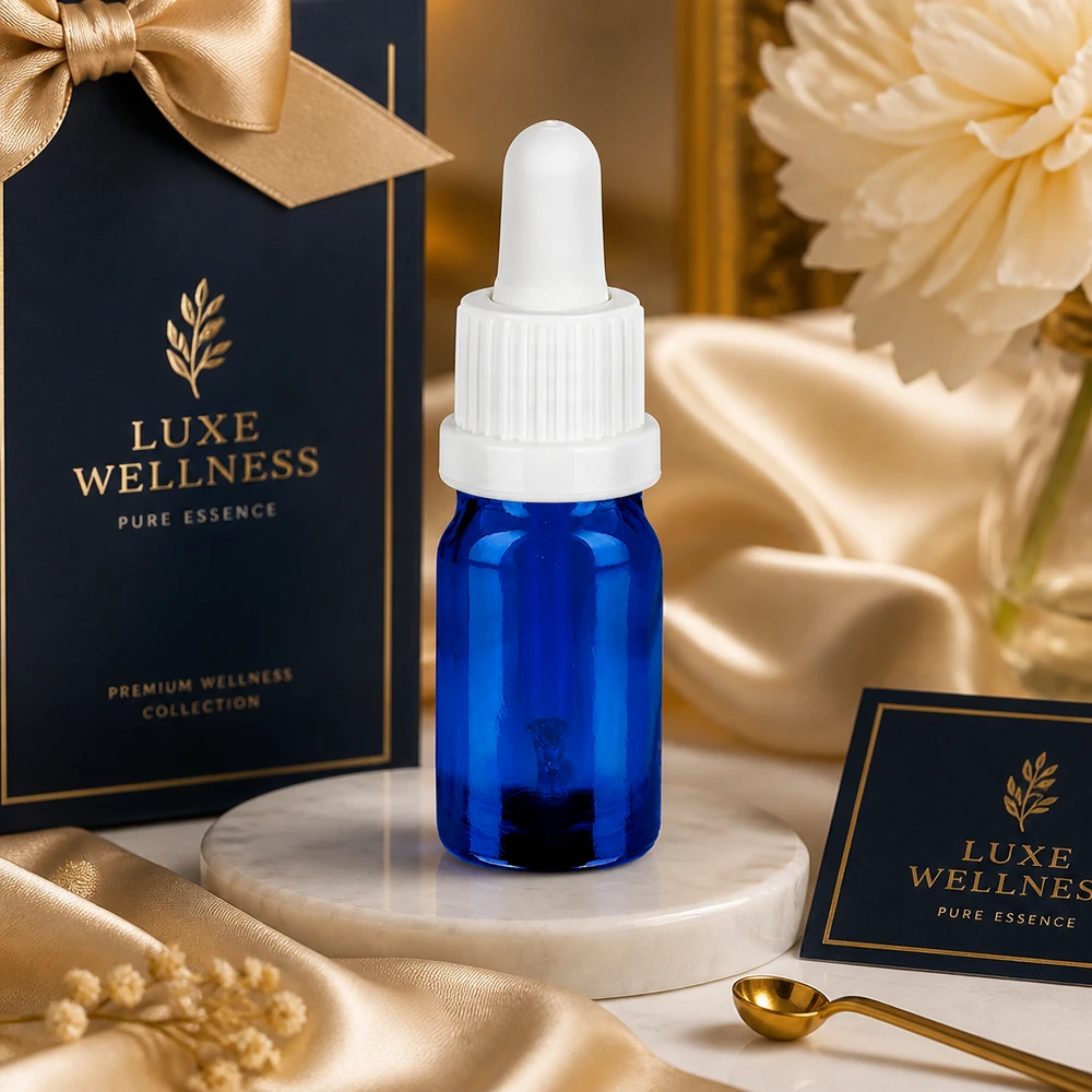 Apothekerflasche 5ml in Kobaltblau mit weißer Pipette für pharmazeutische und kosmetische Anwendung