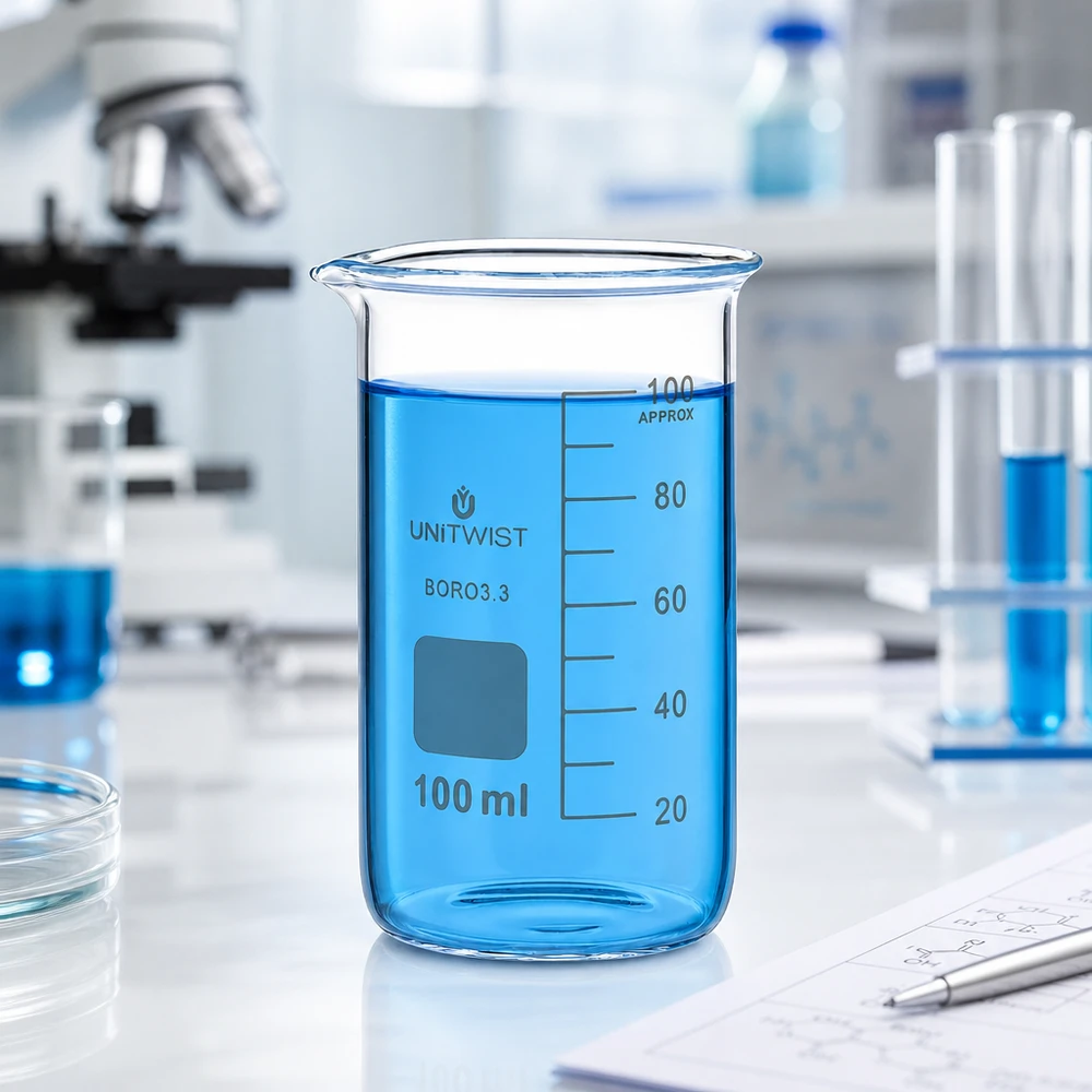 Professionelles Laborbecherglas 100ml hohe Form UNITWIST neben Mikroskop und Reagenzgläsern