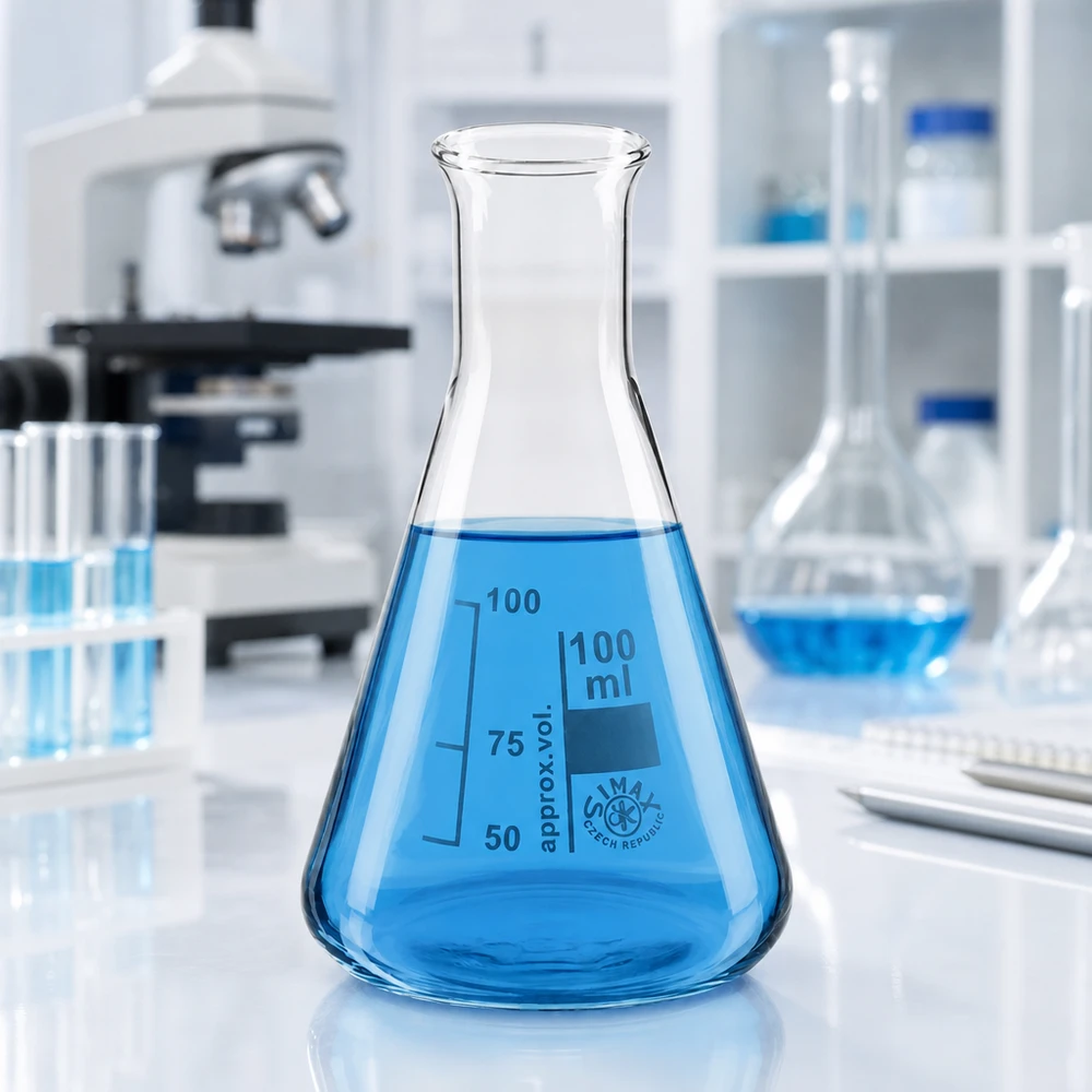 Erlenmeyerkolben 100ml Enghals gefüllt mit azurblauer Lösung für chemische Versuche