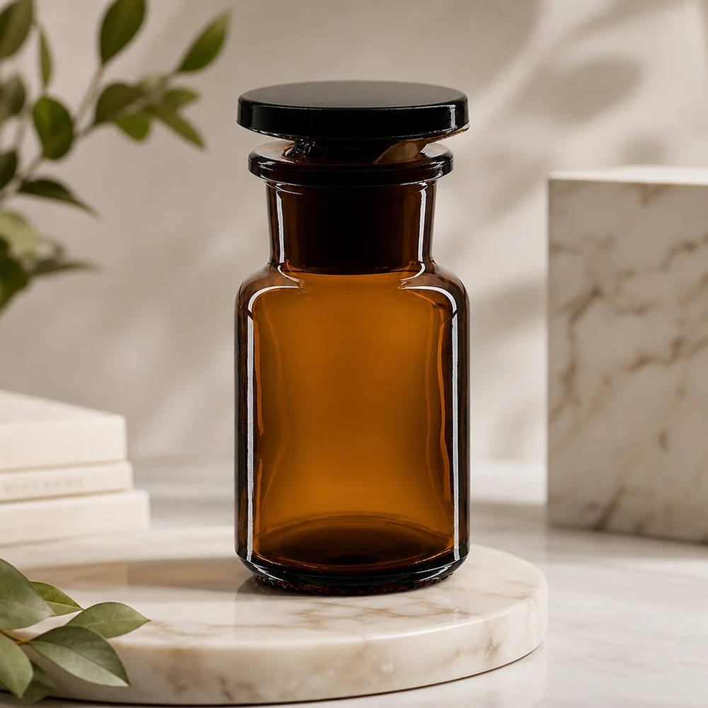 Rundschulterfl. 50ml braun Weithals Glasstopfen Dichte Rundschulterflasche 50ml Braunglas Weithals mit Stopfen für Kosmetik und Pharmazie