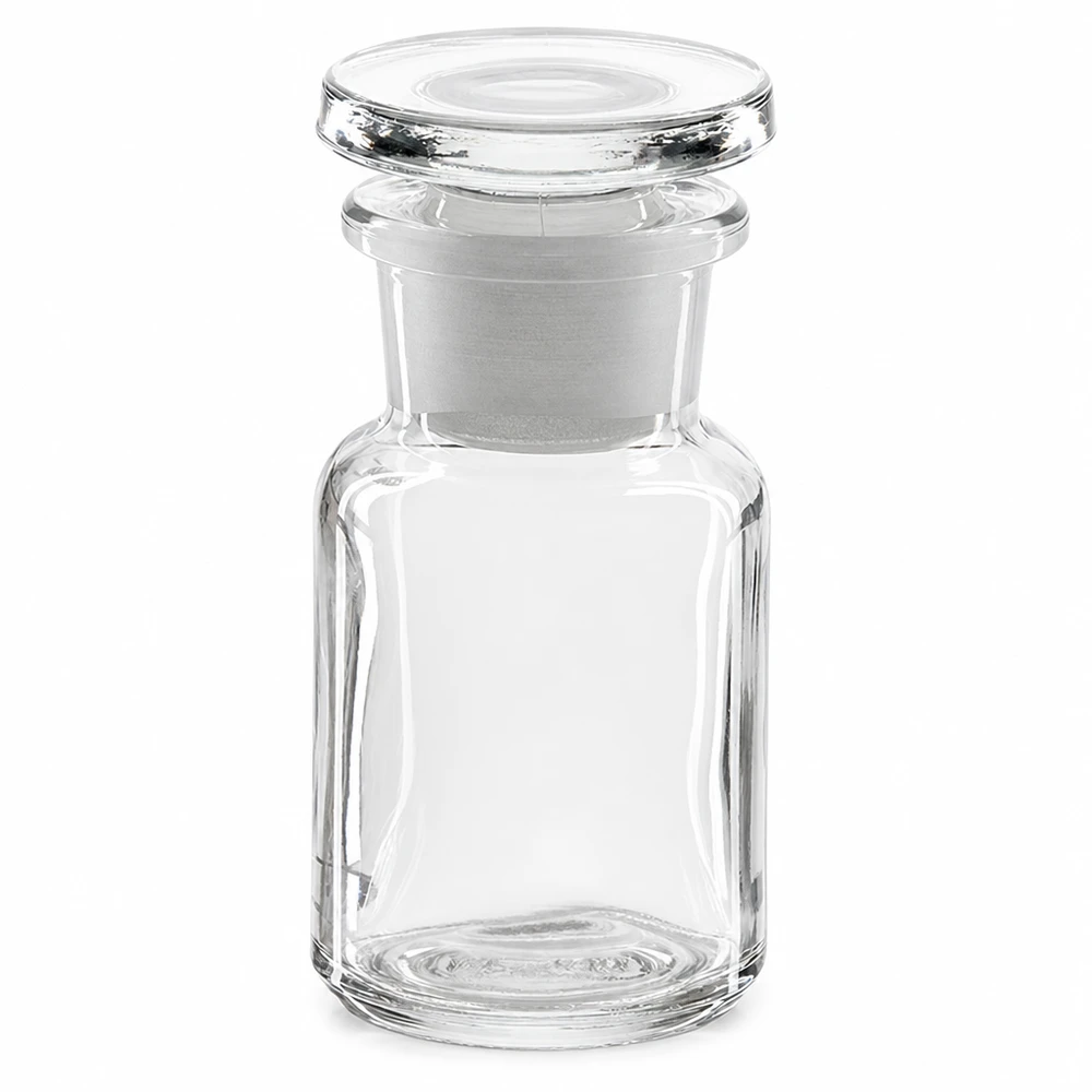 Rundschulterfl. 50ml klar Weithals Glasstopfen Kompakte Rundschulterflasche Klarglas 50ml Weithals mit Glasstopfen für sichere Aufbewahrung