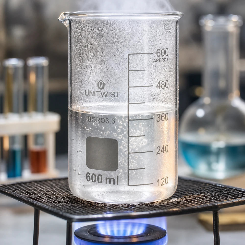 Erhitztes UNITWIST Becherglas 600ml Borosilikat hohe Form mit Blasenbildung und blauer Gasflamme