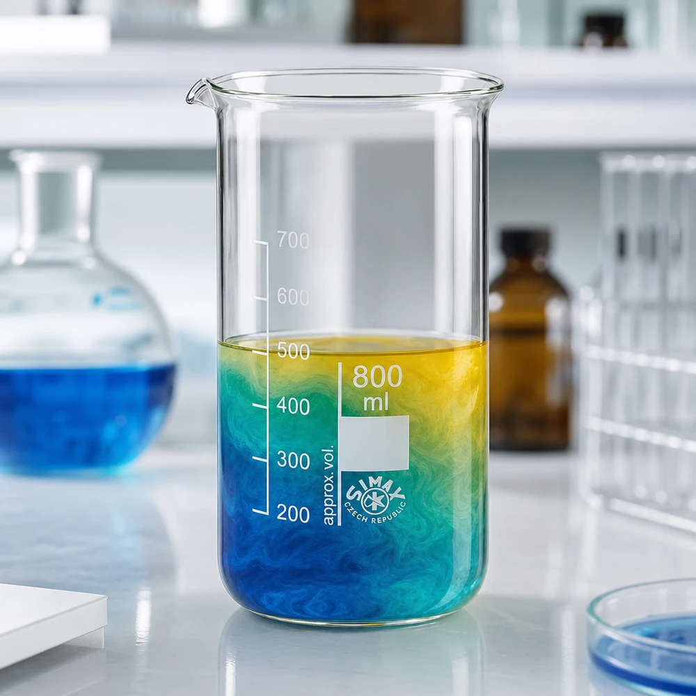 Becherglas 800ml Borosilikatglas, hohe Form Transparentes Laborbecherglas 800ml hohe Form mit sichtbarer Farbreaktion blau grün gelb