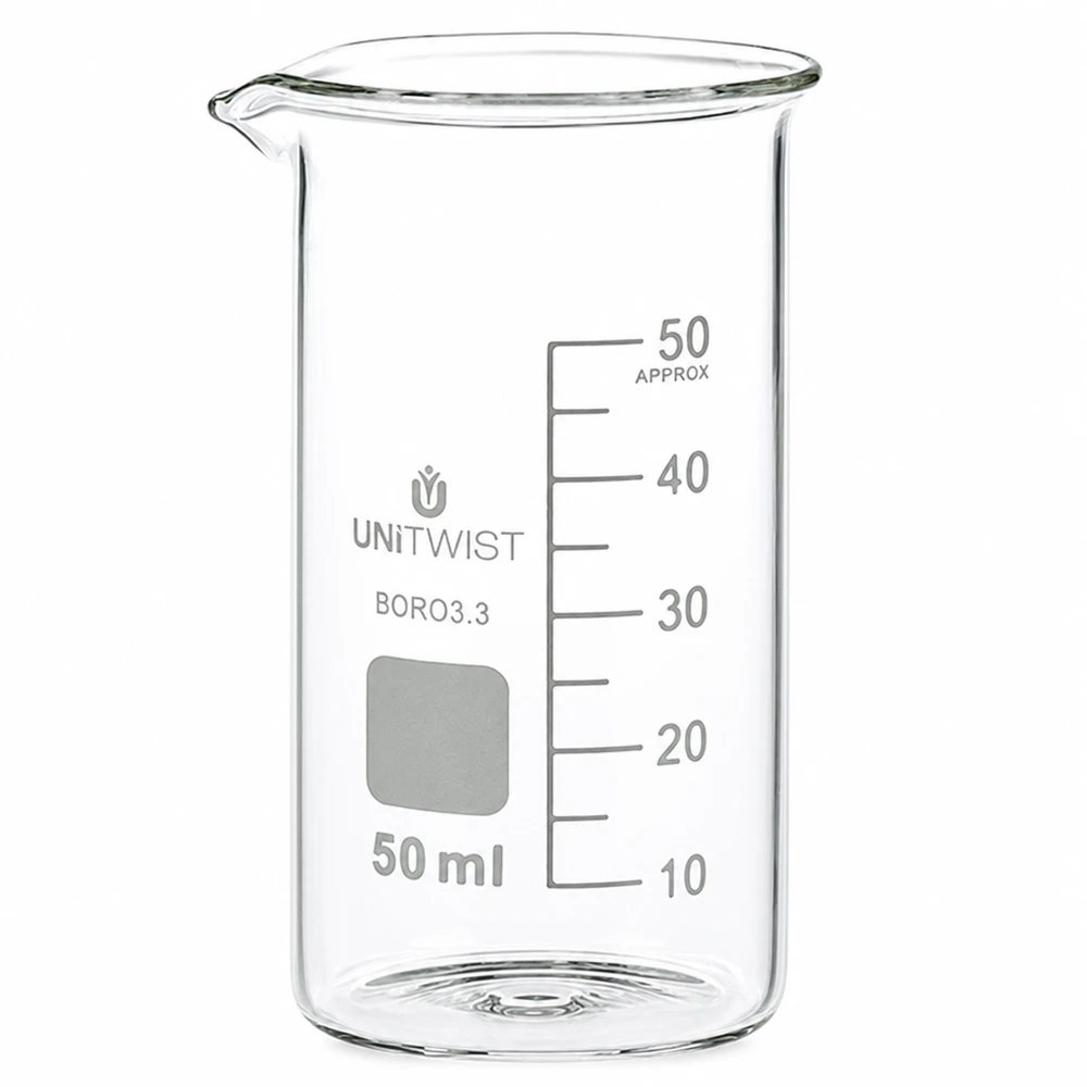 Becherglas 50ml Borosilikat, hohe Form UNiTWIST Hohes Becherglas aus Borosilikatglas 50ml mit Ausgießer und Skala für Labor und Küche