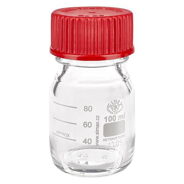 100 ml Laborgewindeflasche + rote Kappe + Ring 100 ml Laborgewindeflasche + rote Kappe + Ring