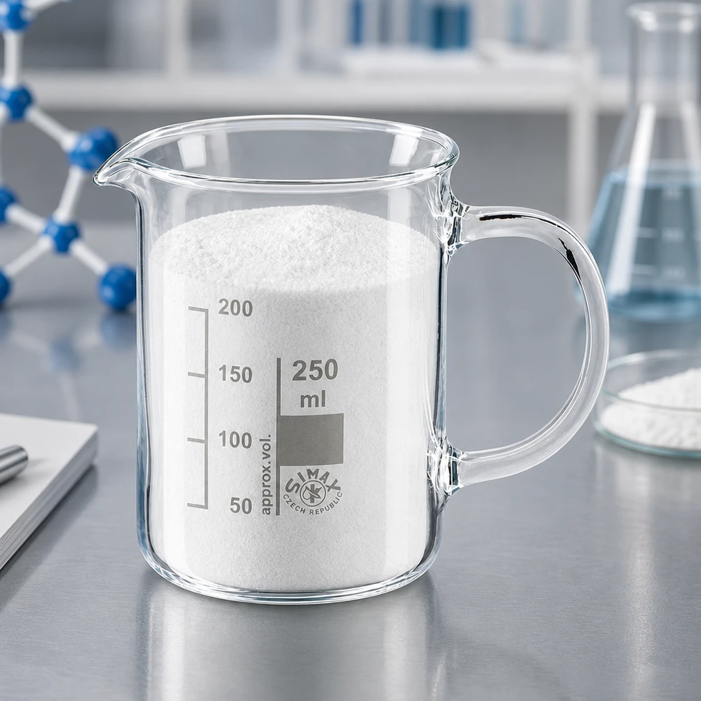 Becherglas 250ml Borosilikatglas, mit Henkel Klarglas Laborbecher 250ml mit Henkel gefüllt mit weißem Pulver neben Erlenmeyerkolben