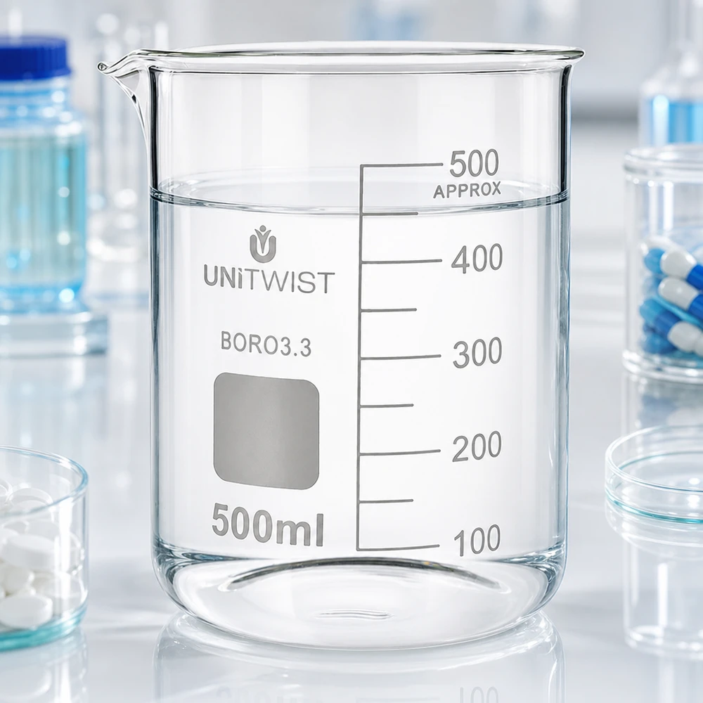 Becherglas 500ml Borosilikat, niedrige Form UNiTWIST UNiTWIST Labor-Becherglas 500ml niedriger Form mit Wasserinhalt und pharmazeutischem Umfeld