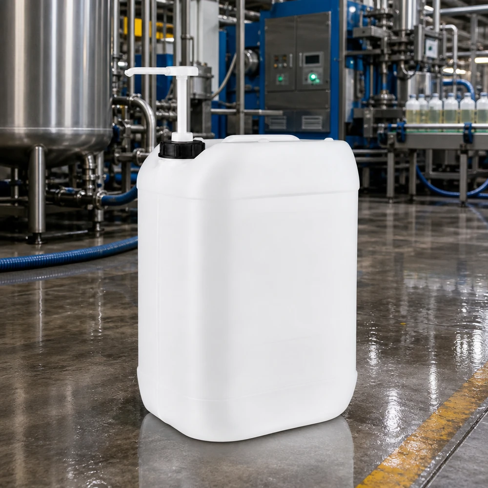Transluzenter Flachkanister 25 Liter mit T-förmiger Dosierpumpe in chemischer Produktionsanlage