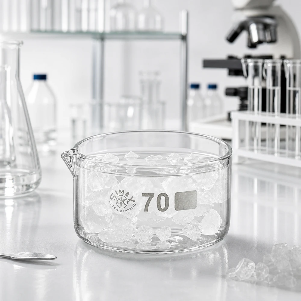 Niedrige zylindrische Glasschale 70mm mit weißen Kristallen Labor Ausstattung im Hintergrund