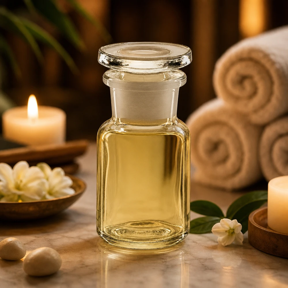 Rundschulterfl. 50ml klar Weithals Glasstopfen Glasflasche Rundschulter 50ml mit Ölfüllung zwischen Jasminblüten und Wellness-Accessoires