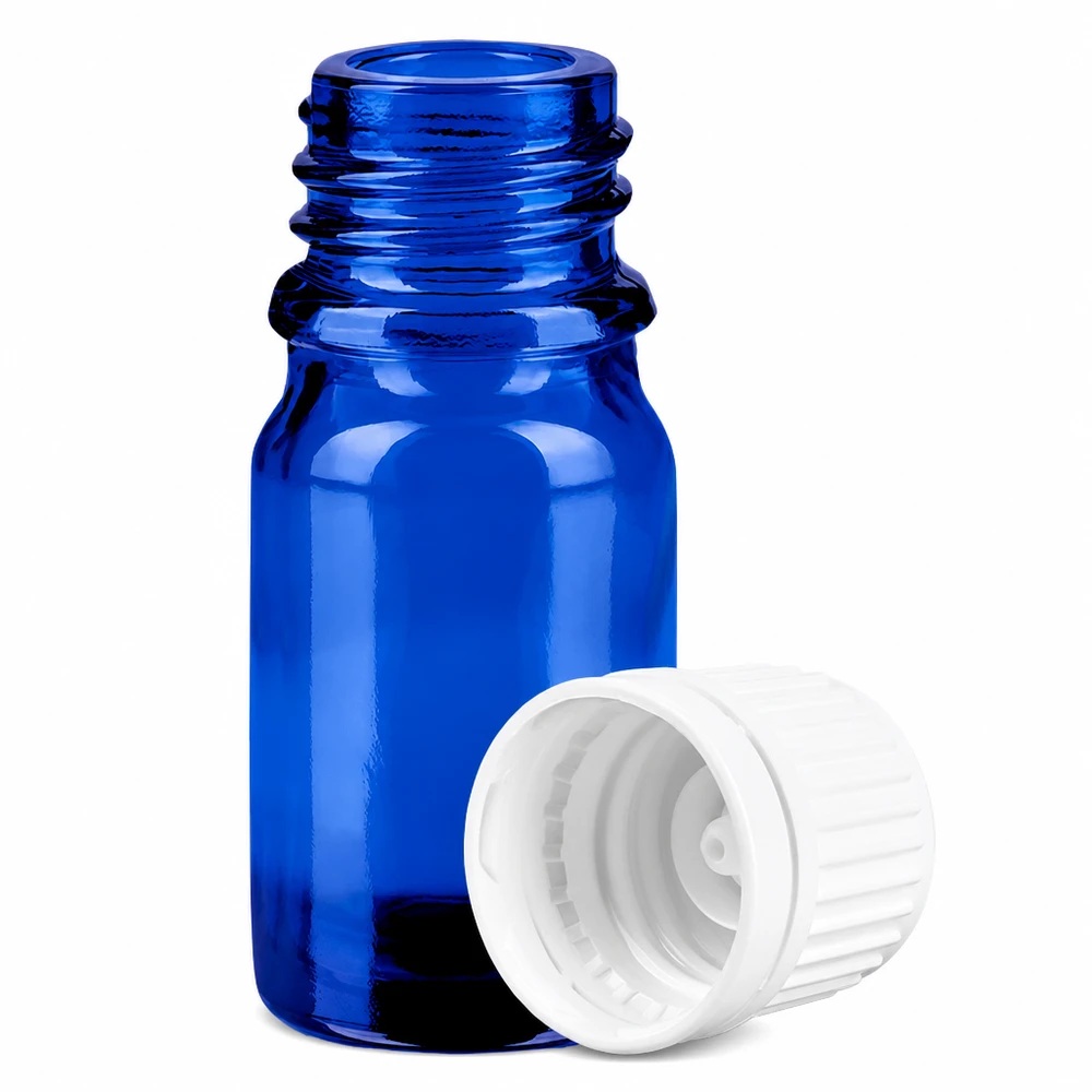 5ml Flasche 11mm Schraubverschluss weiß Originalitätsverschluss BlueLine UT18/5 Handliche 5ml Flasche mit blauem Glas und weißer Kappe für mobile Anwendung