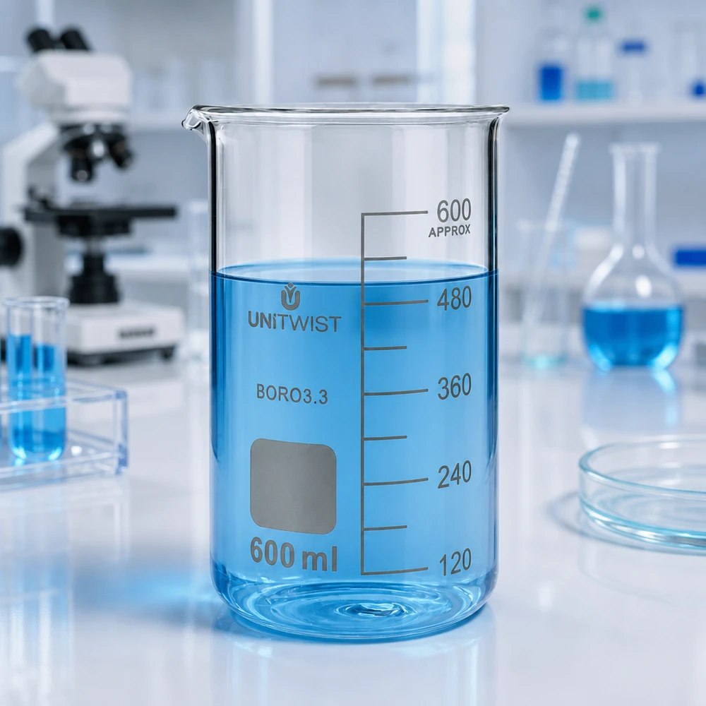 Becherglas hohe Form 600ml UNITWIST BORO3.3 mit weißem Beschriftungsfeld transparent