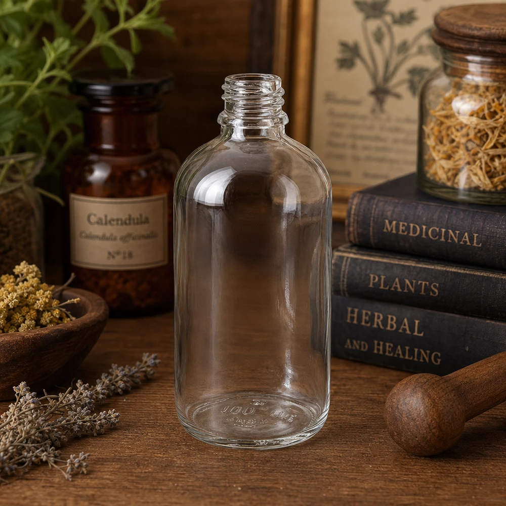 Kleine 100ml Glasflasche mit Schraubgewinde DIN18 ClearLine Serie im naturheilkundlichen Kräuterstudio