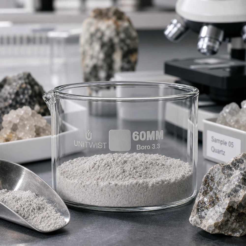 Kristallisierschale UNiTWIST 60mm Boro 3.3 mit grauem Pulver und Quarzprobe im Geologie-Labor