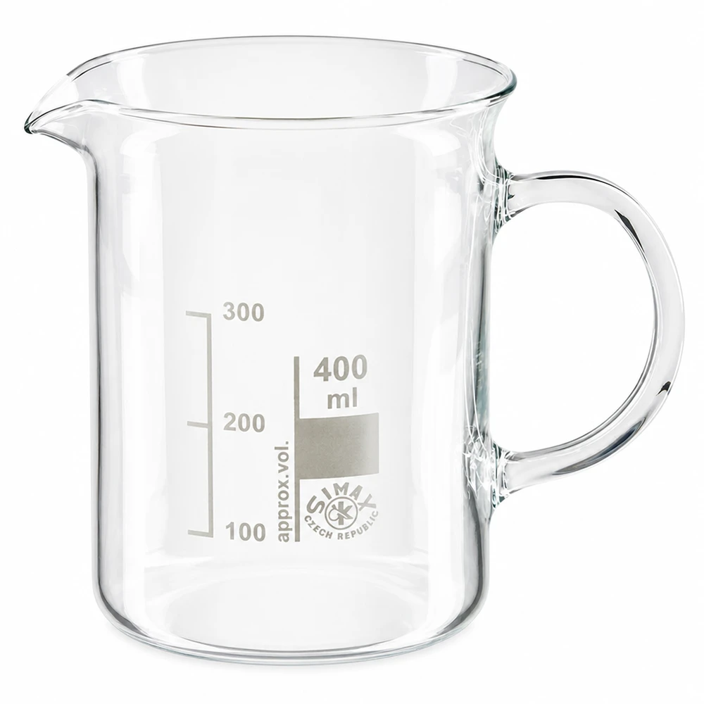 Becherglas 400ml Borosilikatglas, mit Henkel Simax Becherglas mit Henkel 400ml Borosilikat hohe Form mit eingeätzter Skala