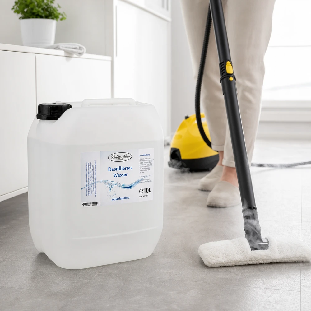 Doktor-Klaus Aqua destillata 10L mit blauem Produktlabel in moderner Küchenumgebung