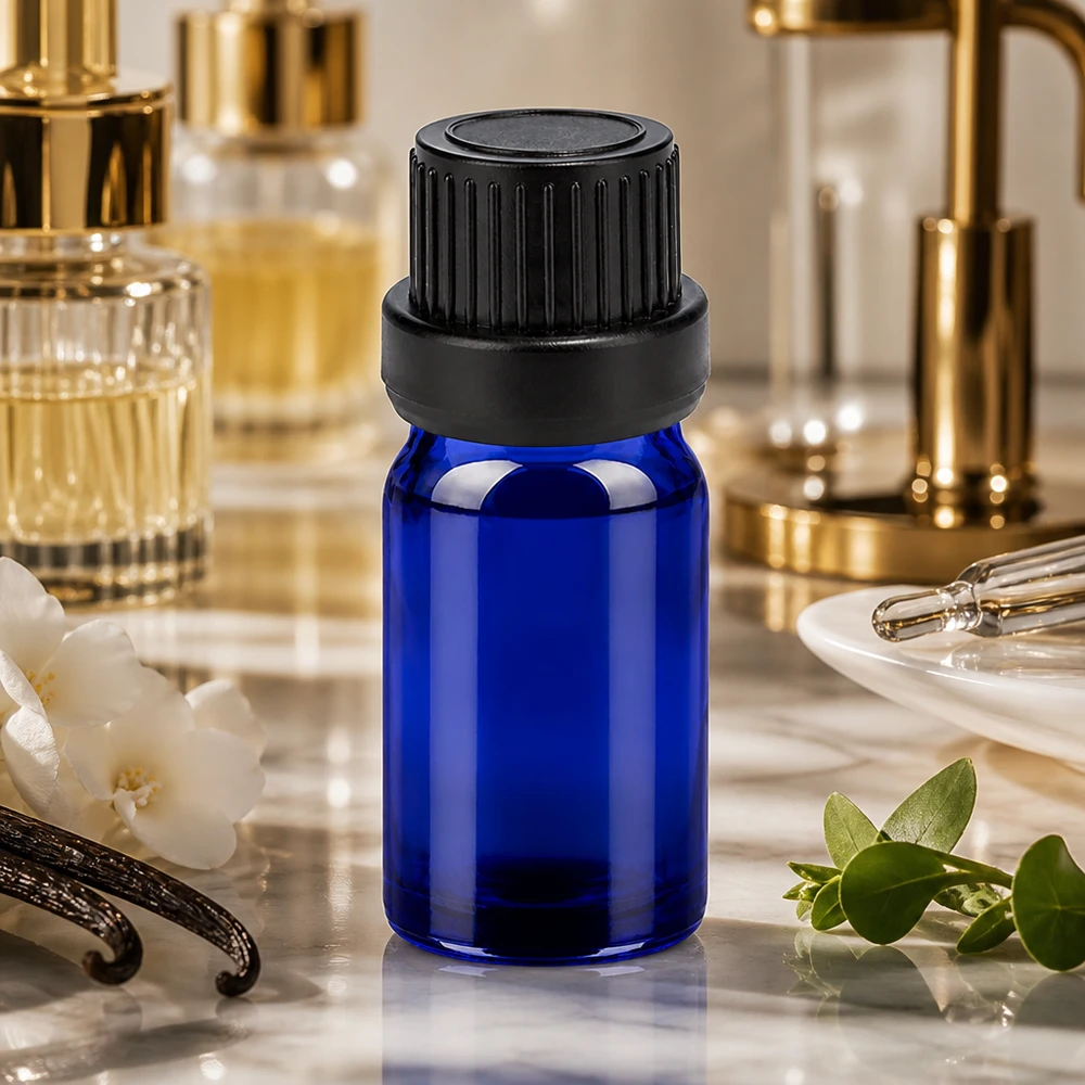 5ml Flasche 11mm Schraubverschluss schwarz Originalitätsverschluss BlueLine UT18/5 Elegante 5ml Flasche in Kobaltblau mit mattschwarzem Verschluss für hochwertige Essenzen