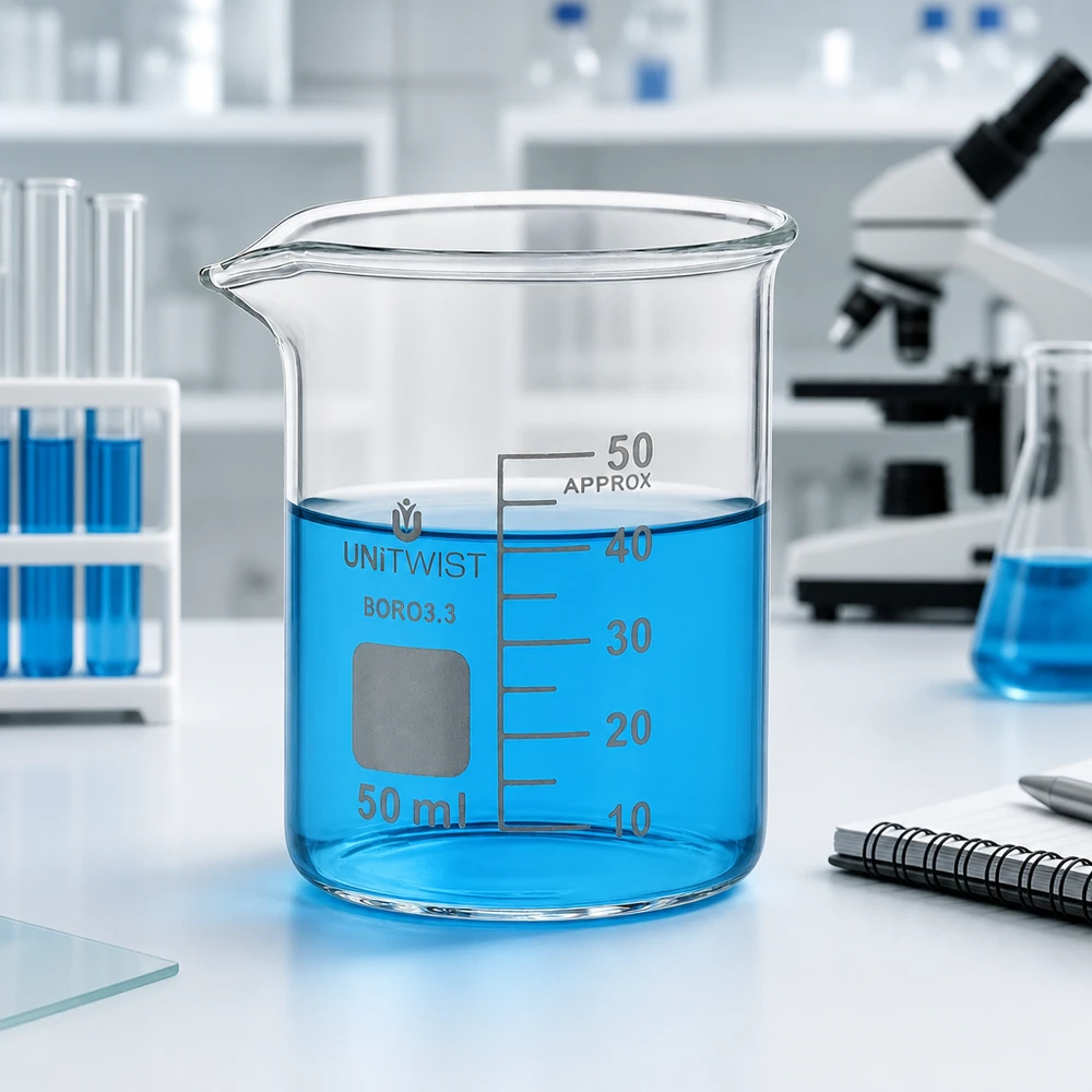 Präzisionsbecherglas 50ml UNiTWIST BORO 3.3 mit Volumenmarkierungen 10 bis 50ml niedriger Typ