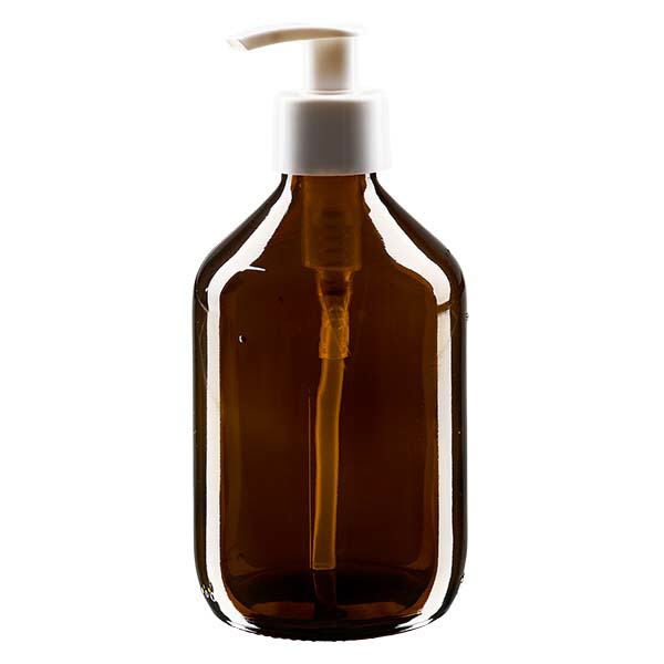 300ml Medizinflasche braun, mit Dispenserpumpe weiß ApoGlas 300ml Medizinflasche braun, mit Dispenserpumpe weiß ApoGlas