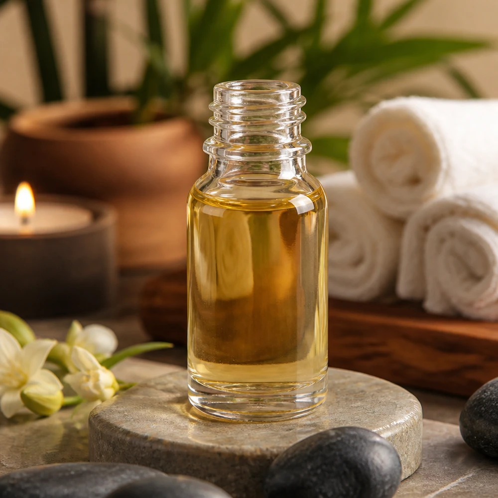 ClearLine Flasche 10ml DIN18 mit bernsteinfarbenem Pflegeöl im Wellnessbereich
