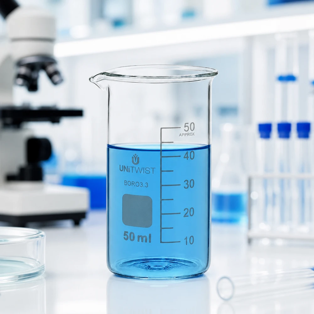 Becherglas 50ml Borosilikat, hohe Form UNiTWIST Graduiertes Becherglas 50ml hohe Form UNITWIST aus Borosilikat mit weißer Skalierung