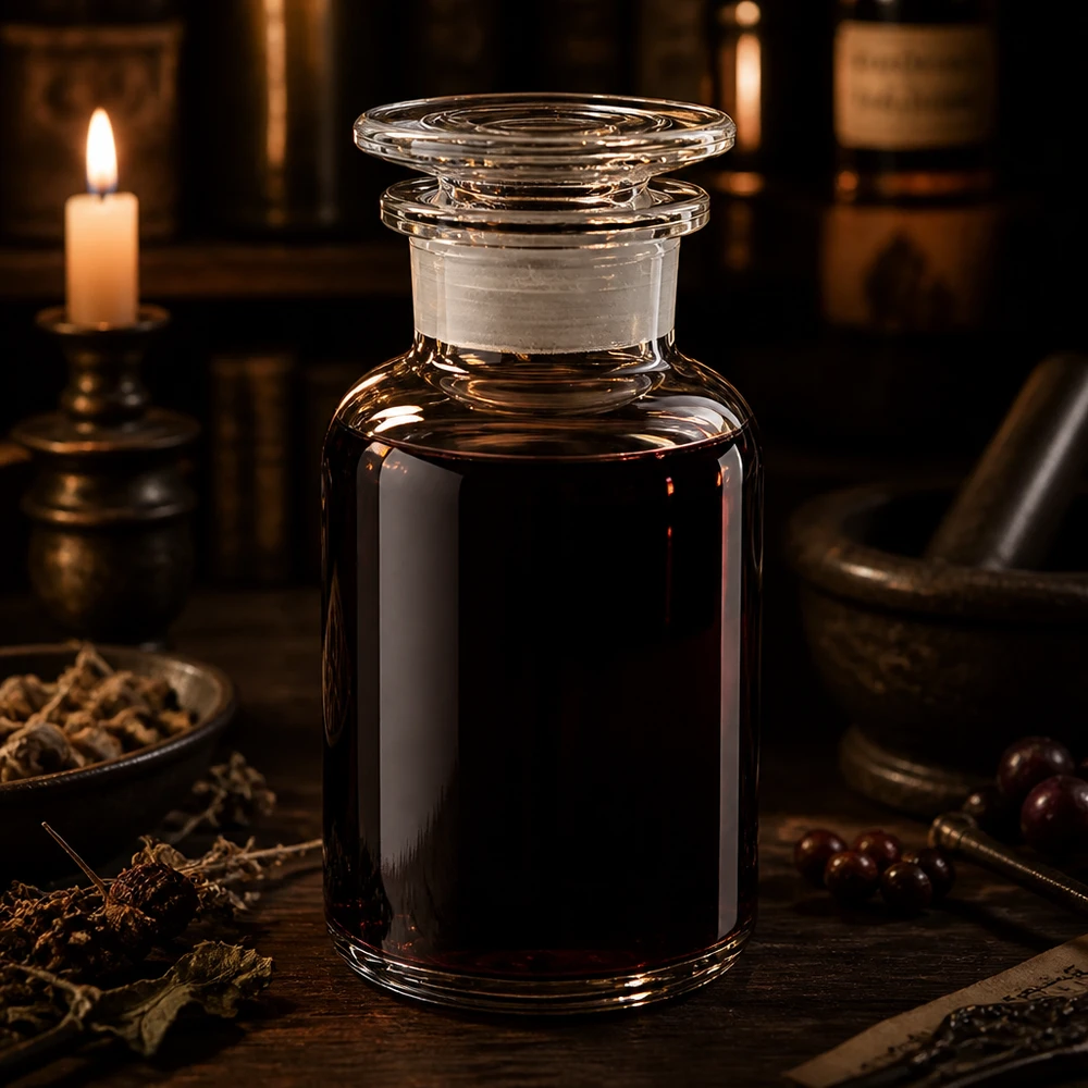 Apothekerflaschen 250ml Weithals Klarglas mit Glasstopfen neben Mörser und getrockneten Kräutern
