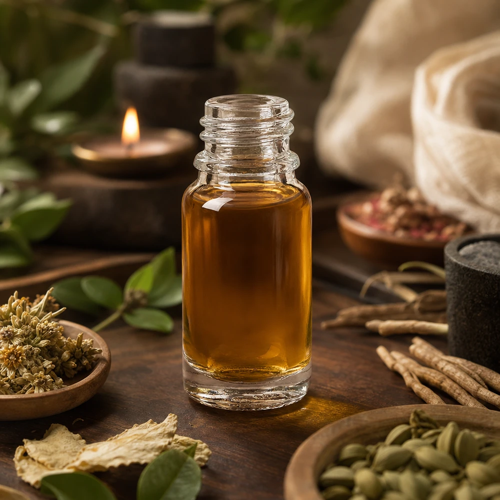 Handliche UNiTWIST Apothekenflasche 10ml ClearLine mit Kräuteröl auf rustikalem Naturholz Arrangement