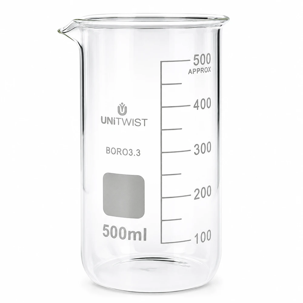 Becherglas 500ml Borosilikat, hohe Form UNiTWIST Becherglas hohe Form 500ml Borosilikat 3.3 für Labor Küche Chemie UNITWIST klar