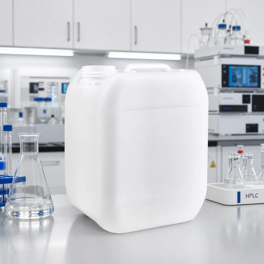 Kanister 5 Liter ohne Verschluss Lebensmittelechter HDPE Kanister 5 Liter ohne Kappe neben HPLC Flaschen im Reinlabor
