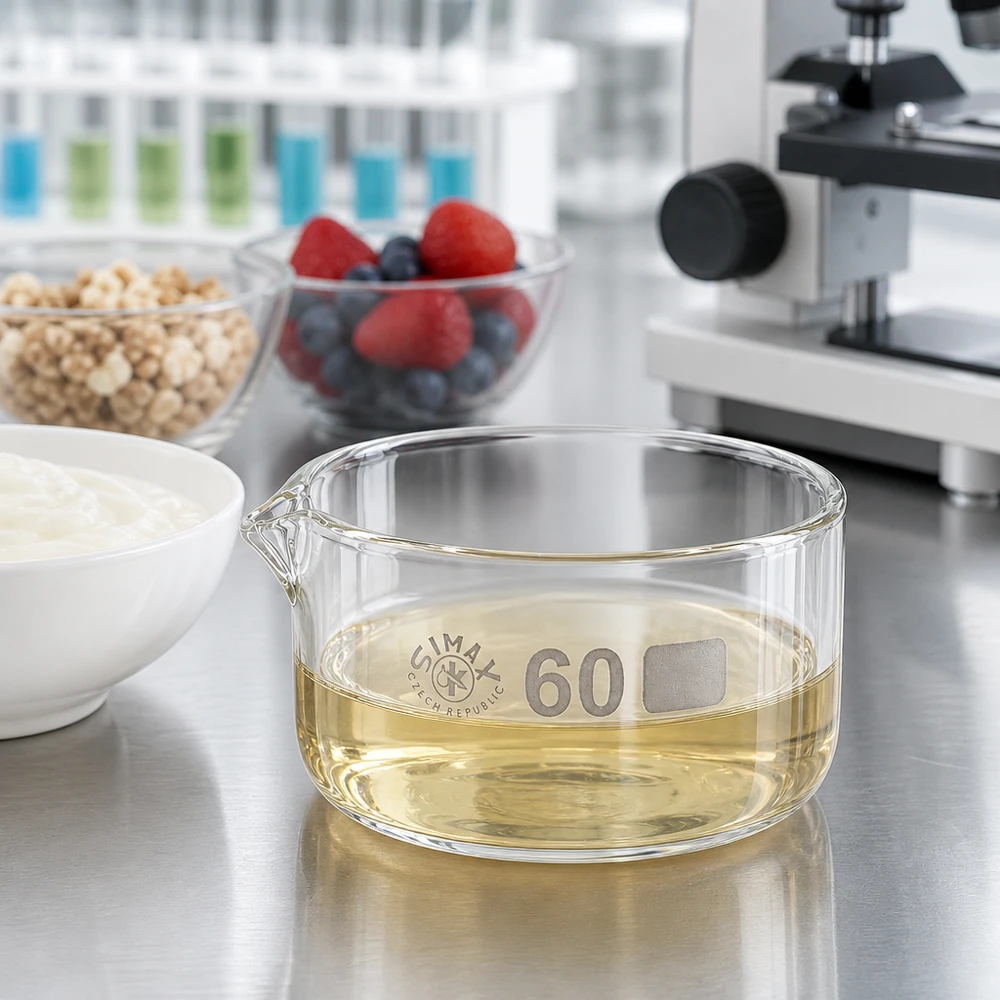 60ml Kristallisierschale mit Ausguss Borosilikat ø60mm Flache Laborschale 60ml mit Ausguss Öl gefüllt Lebensmittelkontrolle Edelstahloberfläche Glasschale