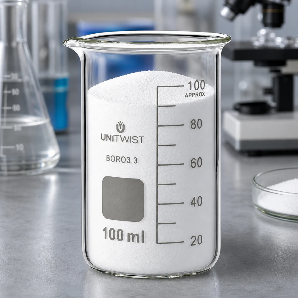 Becherglas 100ml Borosilikat, hohe Form UNiTWIST Becherglas hohe Form 100ml Borosilikat UNITWIST zur Aufbewahrung weißer Pulversubstanzen Labor