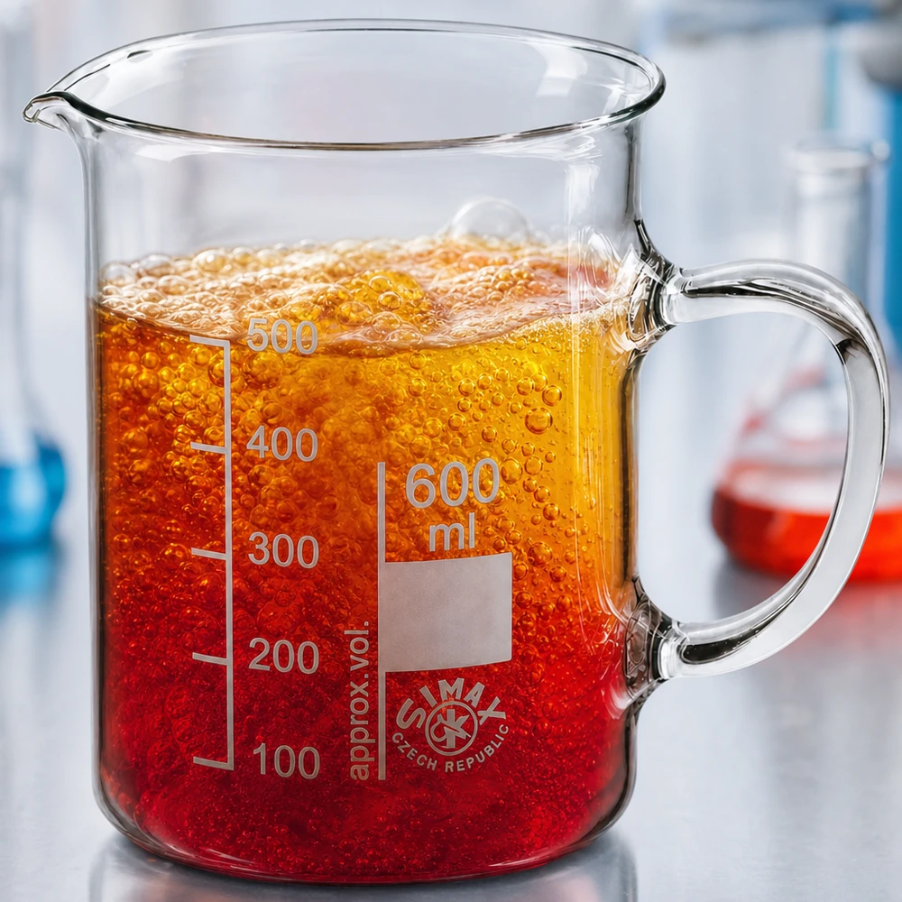 Graduiertes 600ml Laborglas mit Henkel und lebhaft reagierendem rotem Inhalt