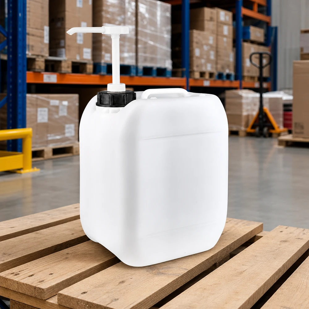 Kanister 5 Liter mit Dosierpumpe 5 Liter Industriekanister mit Pumpenaufsatz auf Lagerpalette für gewerbliche Großmengenabfüllung