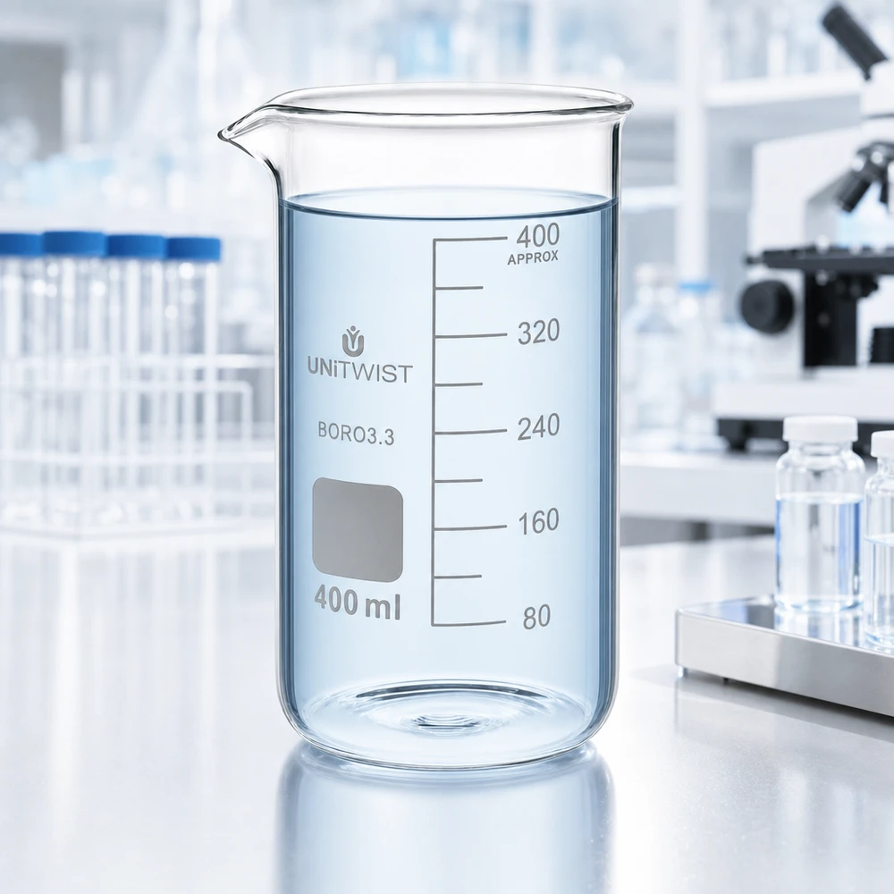 Hochformbecherglas 400ml UNITWIST BORO 3.3 mit grauem Etikettierfeld und präziser Volumenskala