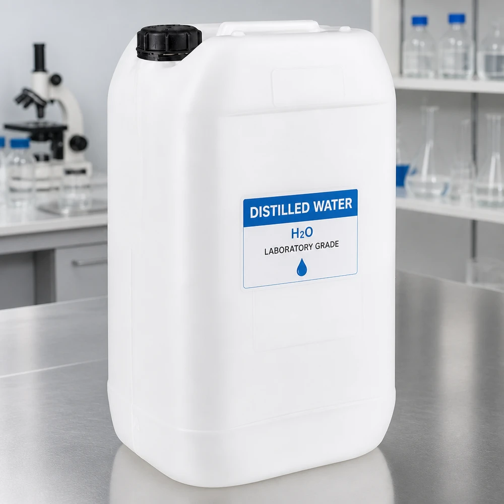 15 Liter Chemikalienkanister in Labor Umgebung mit Mikroskop und Glasgeräten