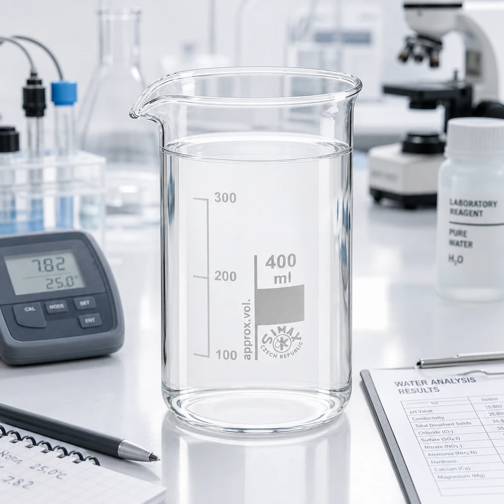 Becherglas 400ml hohe Form mit Reagenzgläsern und Mikroskop im professionellen Labor