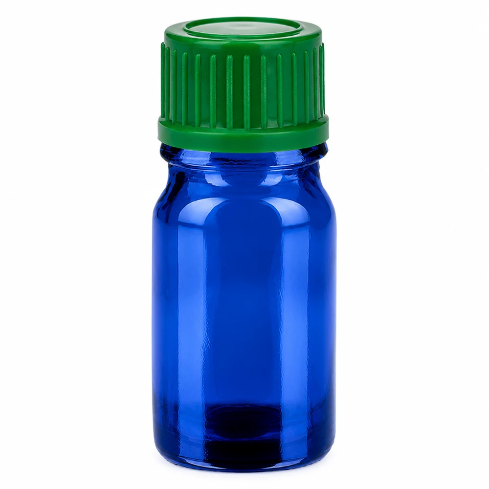 5ml Glasflasche UT18/5 in blau mit grünem Deckel perfekt für kleine Probenmengen