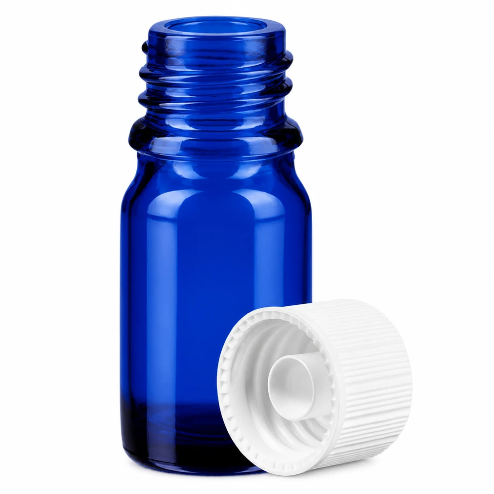 5ml Flasche 11mm Schraubverschluss weiß Standard BlueLine UT18/5 Kompakte 5ml blaue Flasche mit kindersicherem weißem Verschluss für sichere Aufbewahrung