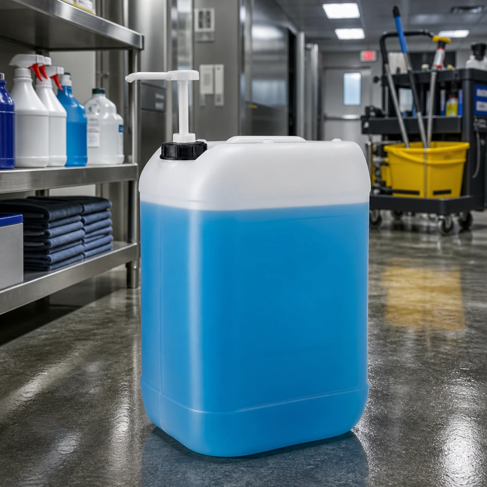 Gewerblicher Kanister 25L mit blauer Reinigungsflüssigkeit und schwarzem Pumpkopf