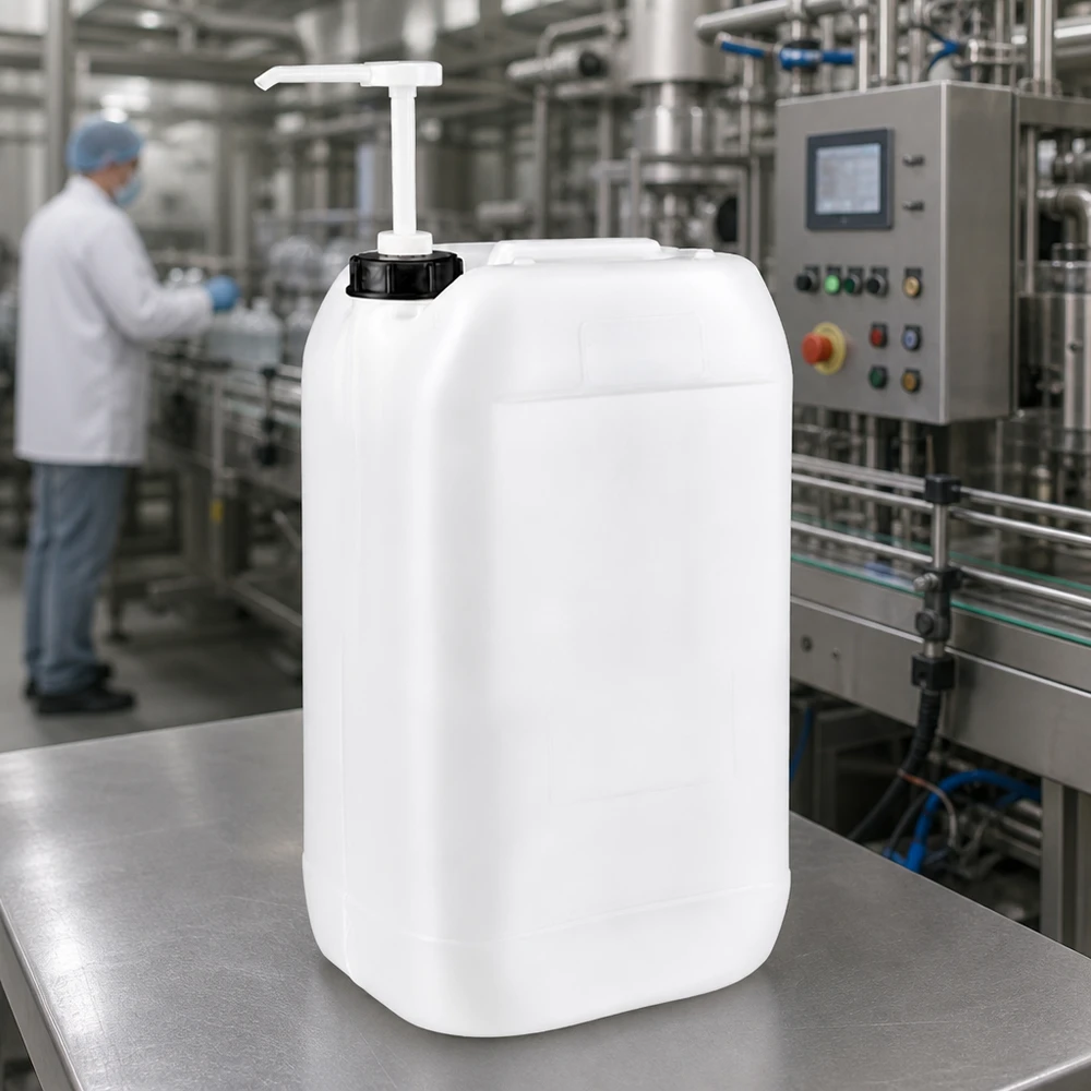 Robuster 15L Flüssigkeitsbehälter mit Pumpaufsatz vor moderner Industrieanlage mit Bedienpanel