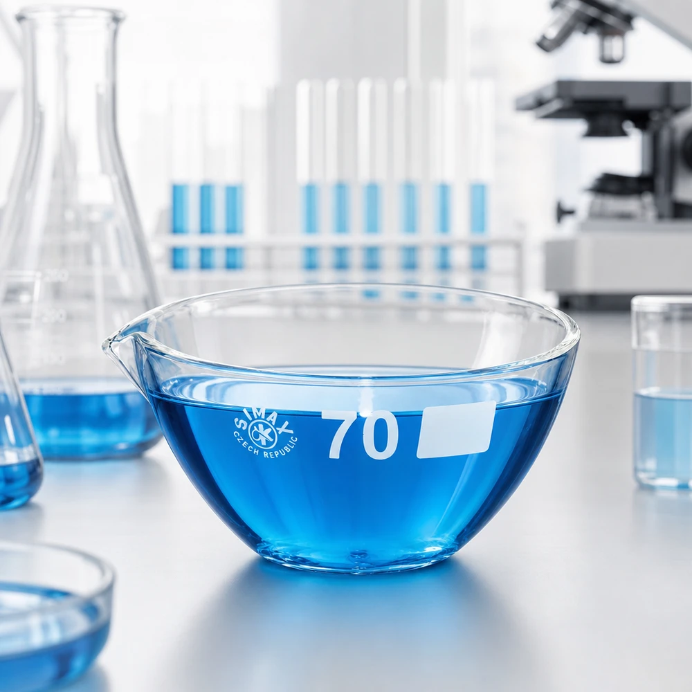 60ml Abdampfschale mit Ausguss Borosilikat ø70mm 60ml Abdampfschale mit Ausguss aus temperaturbeständigem Borosilikat für thermische Anwendungen