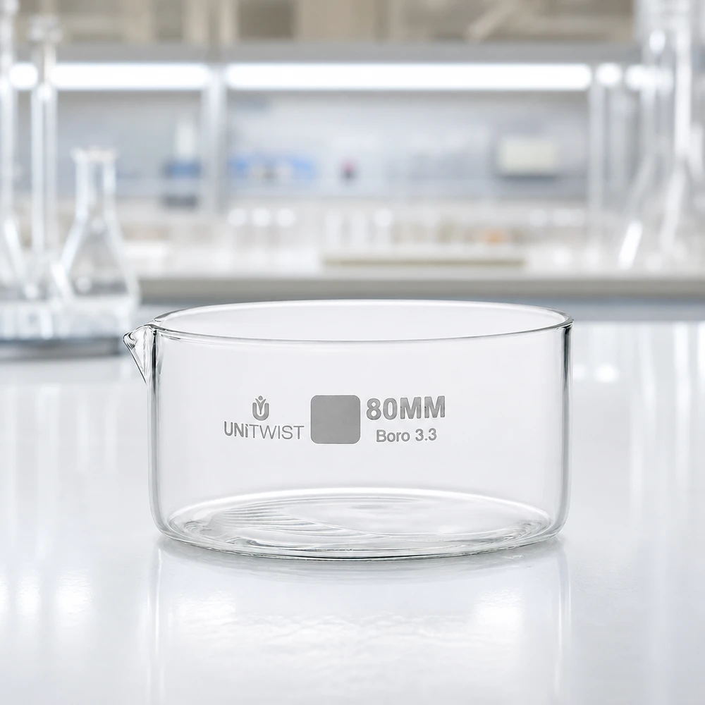 Kristallisierschale ø80mm Borosilikatglas UNiTWIST Niedrige breite Kristallisierschale aus klarem Boro 3.3 Glas 80mm Durchmesser UNiTWIST