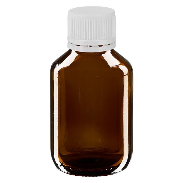 100ml Medizinflasche braun, Verschluss weiß mit Originalitätsring ApoGlas 100ml Medizinflasche braun, Verschluss weiß mit Originalitätsring ApoGlas