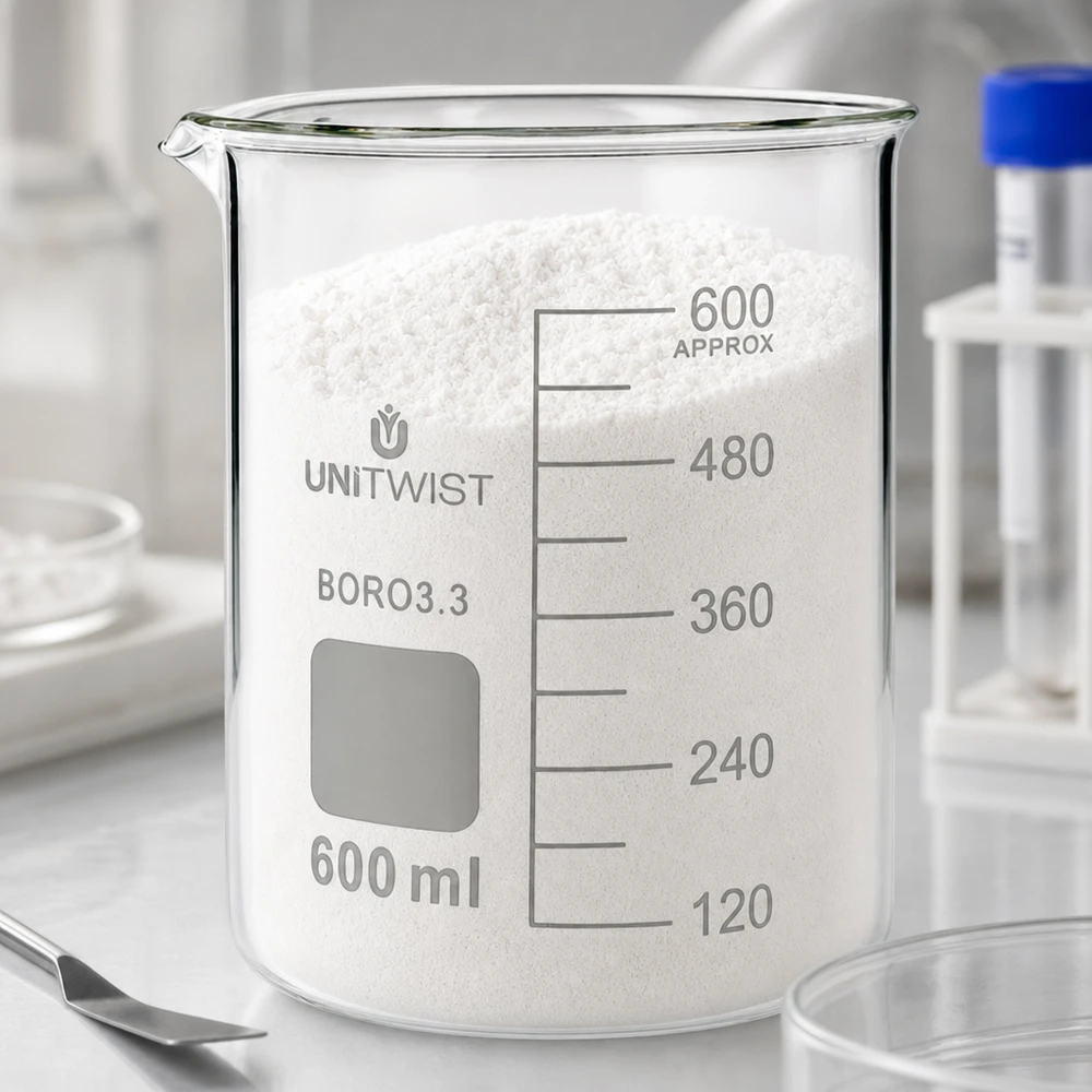 UNiTWIST Becherglas 600ml mit weißem Pulver und Beschriftungsfeld aus Boro3.3 Borosilikatglas