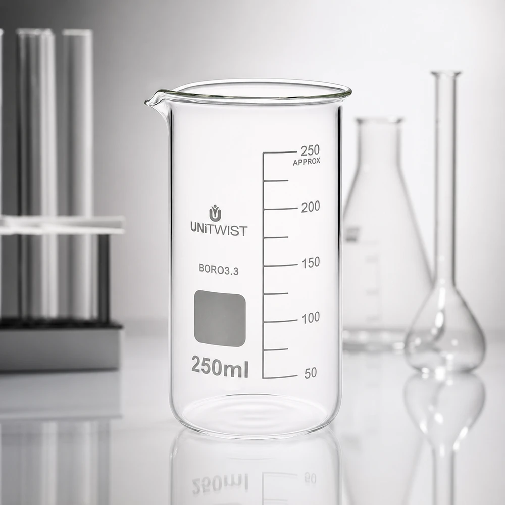 Becherglas 250ml Borosilikat, hohe Form UNiTWIST Professionelles Laborglas UNITWIST 250ml hohe Form mit Ausgießer und weißem Schreibfeld BORO3.3