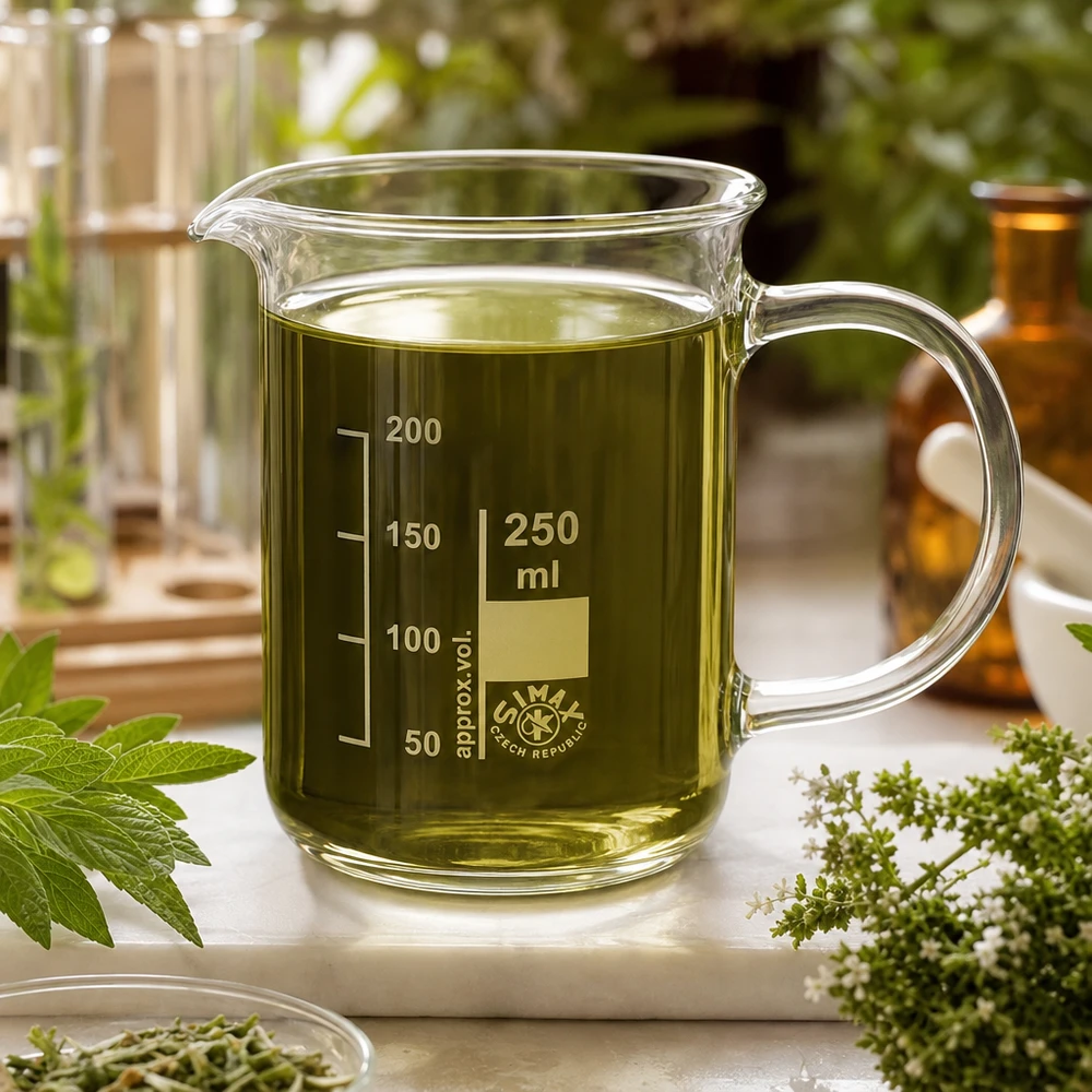Becherglas 250ml Borosilikatglas, mit Henkel Becherglas mit Henkel 250ml Borosilikatglas für die Herstellung von Kräuterölen und Essenzen