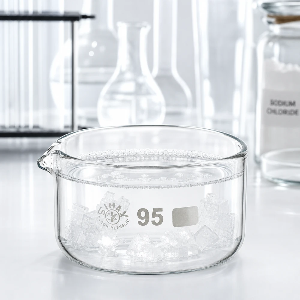 SIMAX Kristallisierschale 95mm Bodenbreite mit Natriumchlorid Kristallen im Experiment