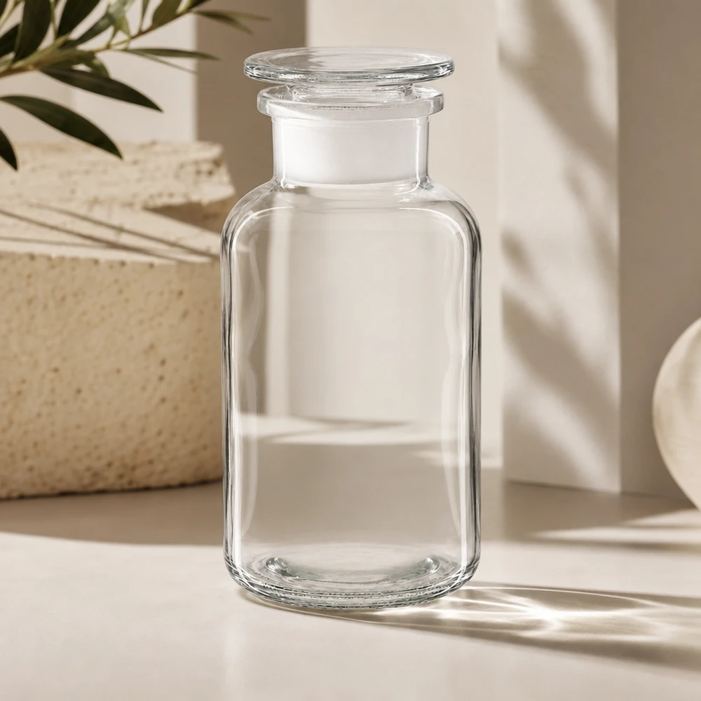 Runde Klarglasflasche 500ml großvolumig mit breitem Flaschenhals und transparentem Glasdeckel